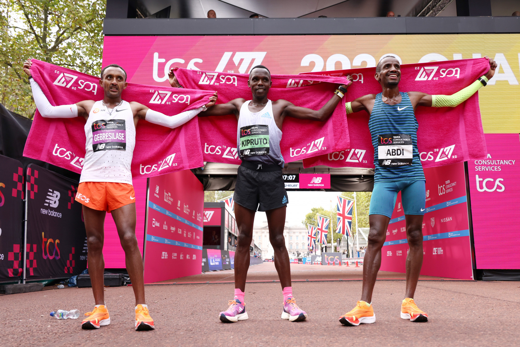 Amos Kipruto, centre, had not won a World Marathon Majors race before ©Getty Images