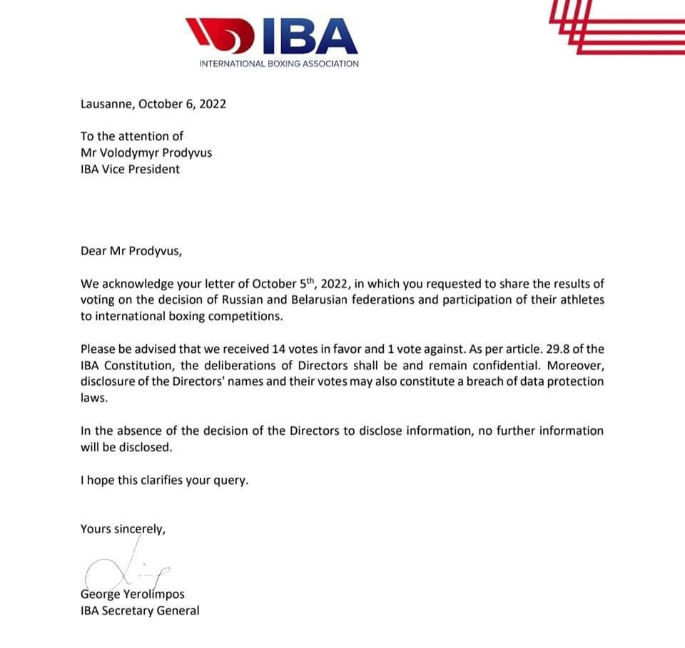 Volodymyr Prodyvus published on his Facebook page the letter from IBA secretary general George Yerolimpos confirming that 14 of the 18 Board of Directors voted to lift the ban on Russia and Belarus ©Facebook