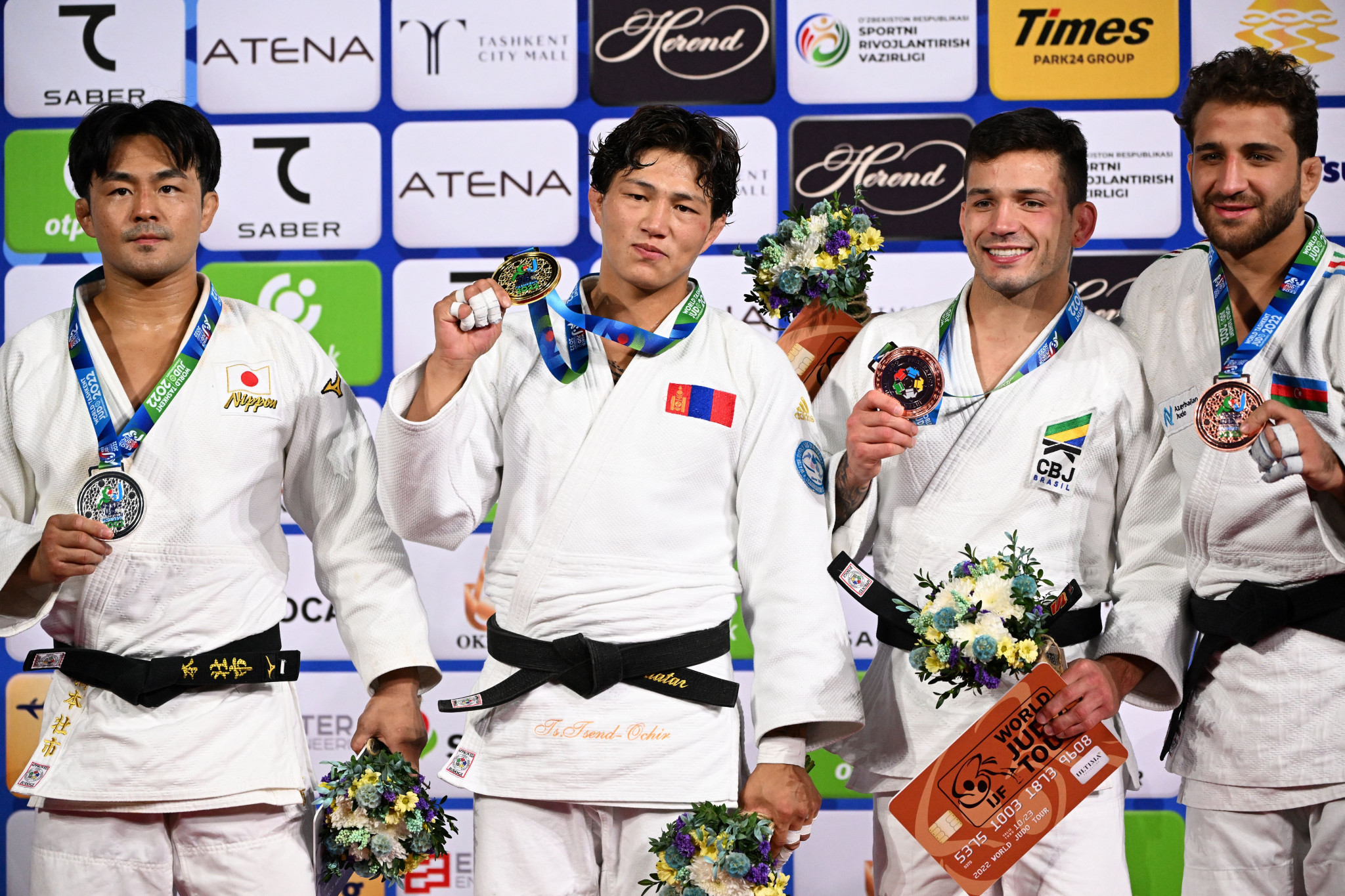 Brazil's Daniel Cargnin, third right, and Azerbaijan's Hidayat Heydarov, right, clinched bronze medals in the men's tournaments at the Humo Arena ©Getty Images