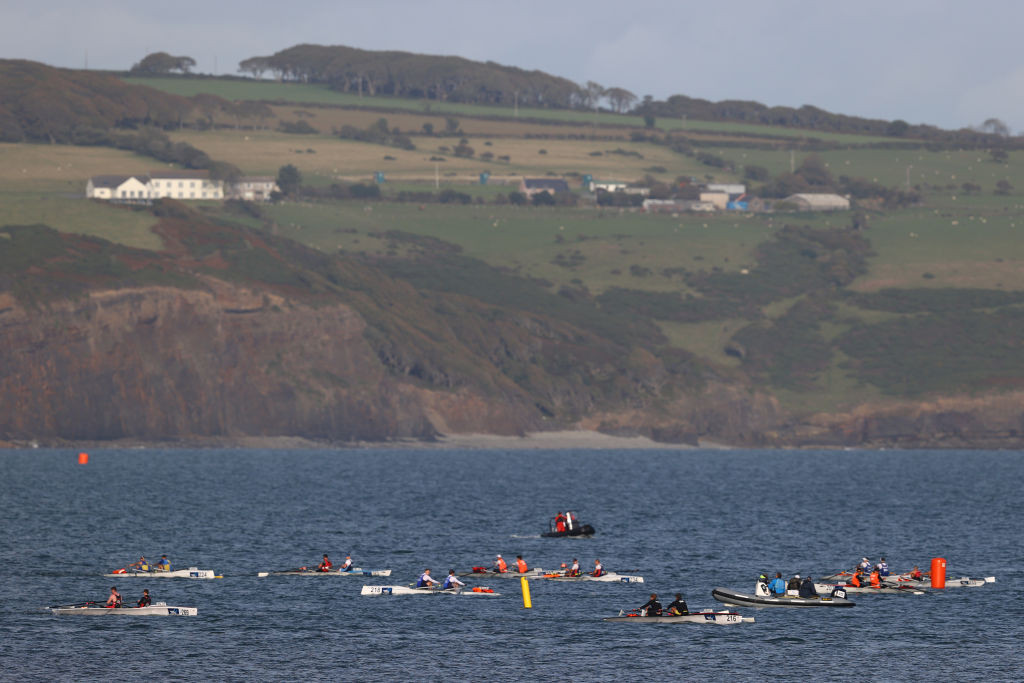 Strong winds and choppy seas caused the 2022 World Rowing Coastal Championships course to be shortened on finals day at Saundersfoot Bay in Wales ©Getty Images