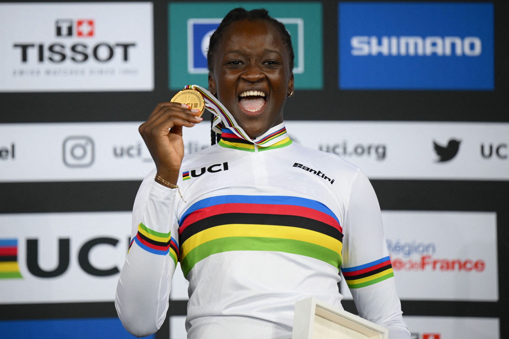 Taky Marie Divine Kouame celebrates success on home soil as she wins the women's 500 metres time trial ©Getty Images