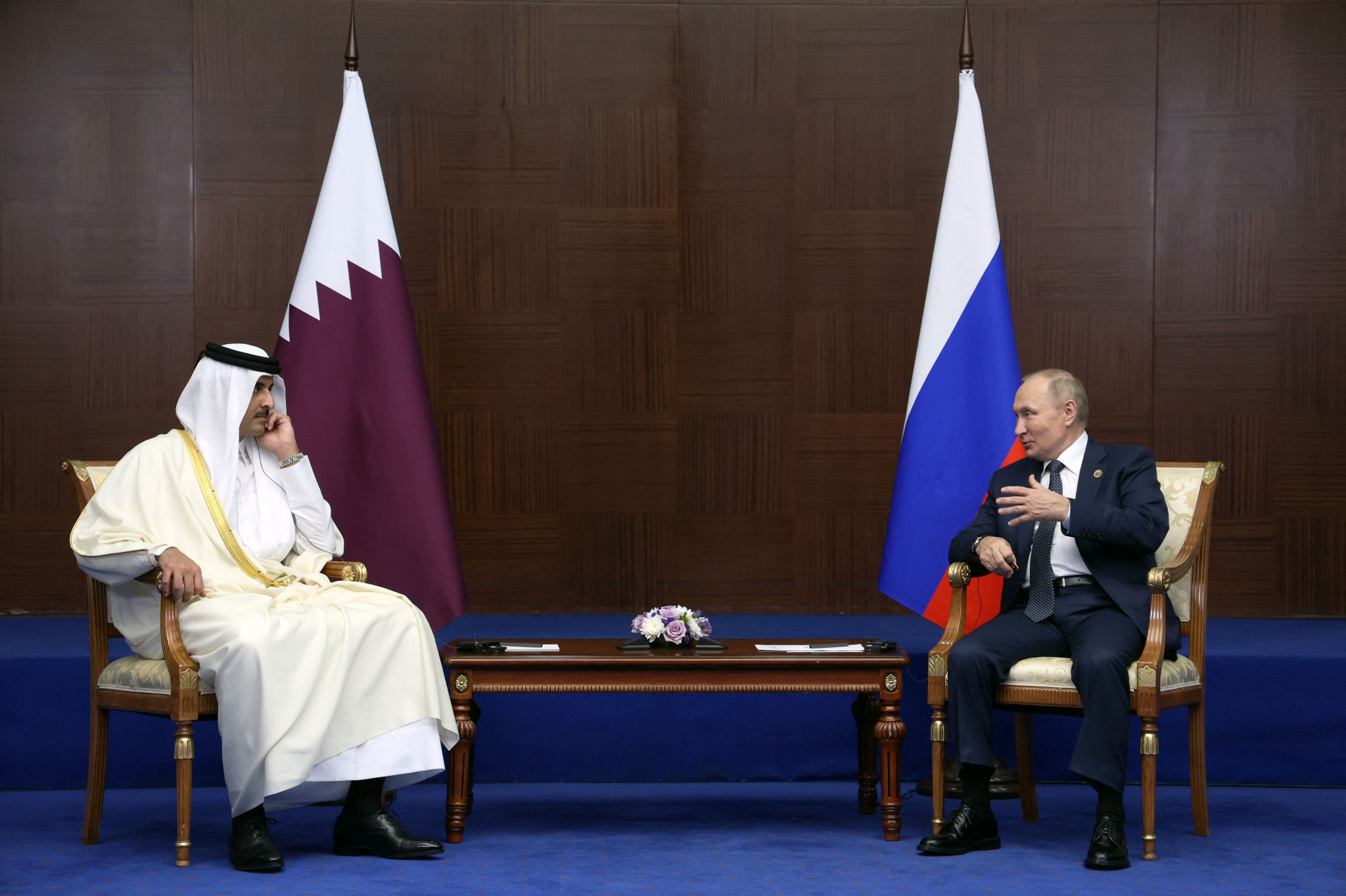 Qatari Emir Sheikh Tamim bin Hamad al-Thani, left, said in Astana "Russian friends have provided great support to Qatar" in its World Cup preparations ©Getty Images
