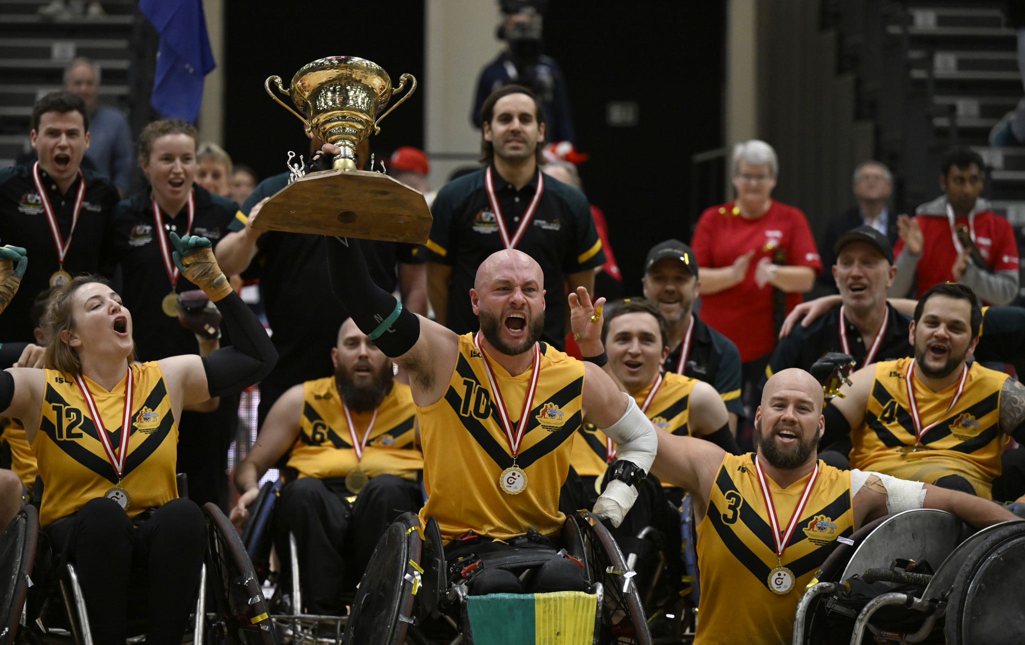 Australian captain Chris Bond lifted the World Wheelchair Rugby Championship trophy ©Lars Møller/Parasport Denmark