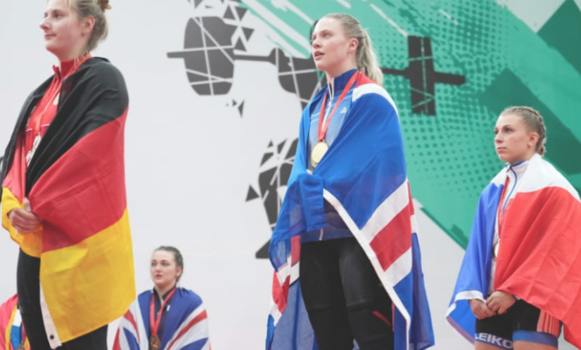 Eyglo Fanndal Sturludottir, centre, on the podium at the European Junior and Under-23 Championships ©EWF/Isaac Morillas