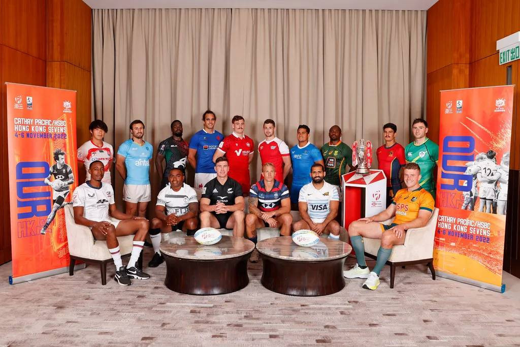 The captains of each competing team gather before tomorrow's Hong Kong Sevens, which mark the start of the 2023 World Rugby Sevens Series, offering Paris 2024 places ©Getty Images