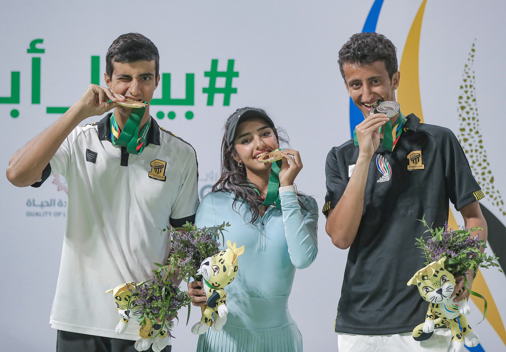 Saud, left, Yara, centre and Ammar, right, won three tennis medals between them to deliver huge success for the Al-Hagbani family ©Saudi Games