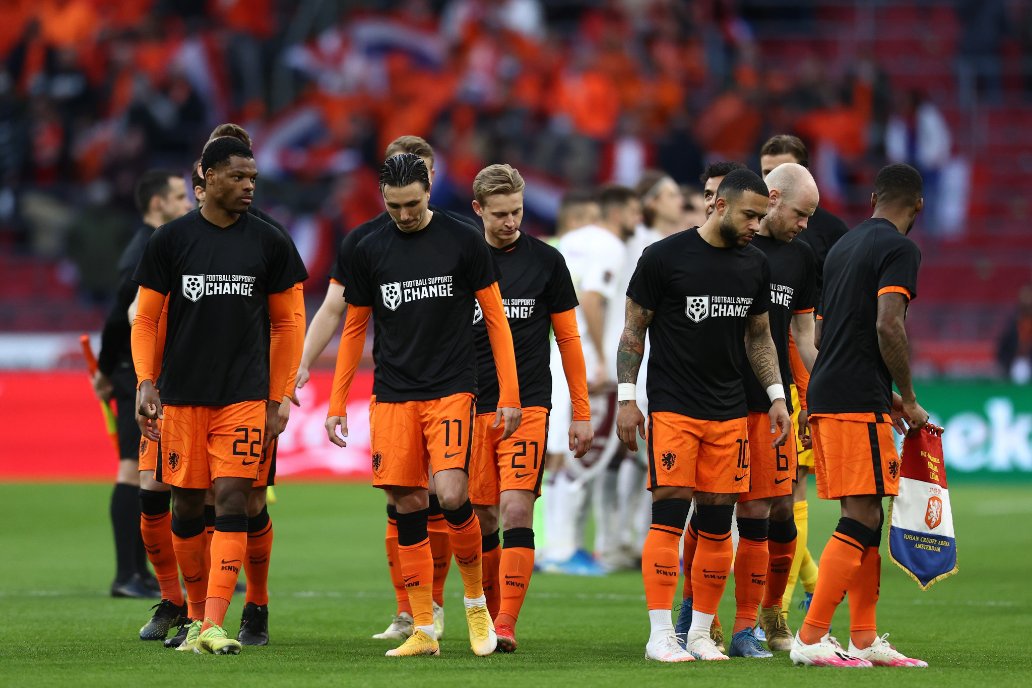 Dutch players wore shirts with the message "Football Supports Change" in a World Cup qualifier last year ©Getty Images