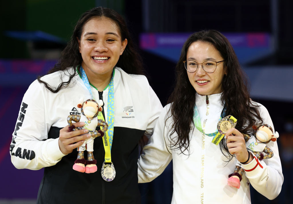 Silver and gold medallists Tupou Neiufi and Alice Tai, pictured after the women's 100m backstroke S8 final at the Birmingham 2022 Commonwealth Games ©Getty Images