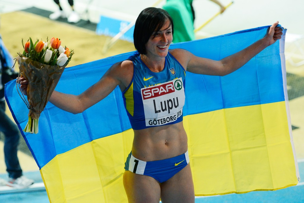 Nataliya Lupu celebrates her victory at the 2013 European Indoor Championships in Gothenburg ©Getty Images