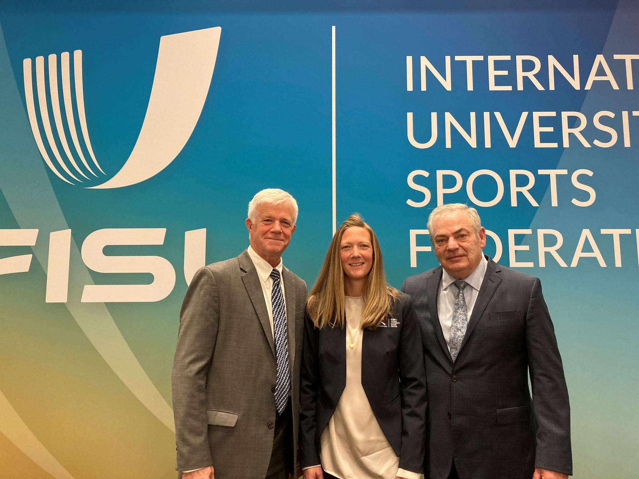 Ashley Walden, centre, Joe Martens, left, and James McKenna, right, were all in Brussels to discuss Lake Placid's preparations for the FISU Games in January ©ITG