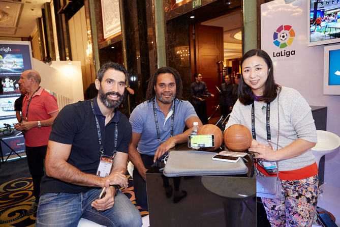 He was joined by Fernando Sanz (left), a retired Spanish footballer and now ambassador of La Liga, and Shen Yanfei (right), a Chinese-born table tennis player who now represents Spain ©SPORTEL
