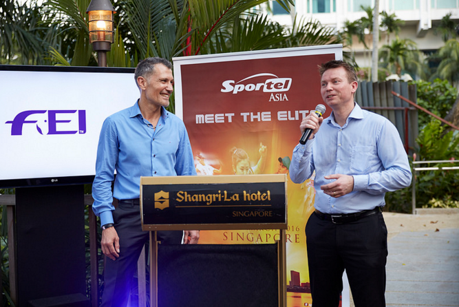 SPORTEL chief executive Laurent Puons (left) and International Equestrian Federation commercial director Ralph Straus (right) welcomed participants to the meet and greet party at the Shangri-La Hotel ©SPORTEL 