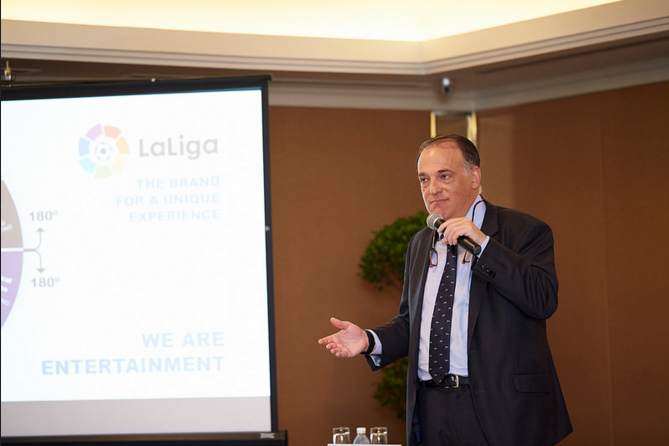 La Liga President Javier Tebas delivered a presentation which looked to demonstrate how Spain's premier football club competition is meeting its objective of creating value and of taking itself to every corner of the world ©SPORTEL