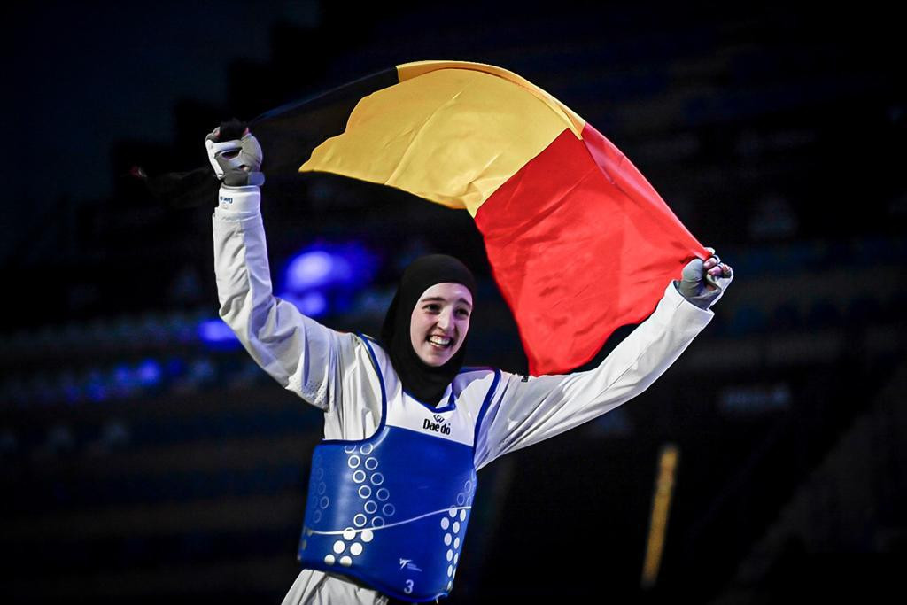 Chaari holds the Belgian flag aloft after beating Sarvanaki in a tense gold-medal match ©World Taekwondo