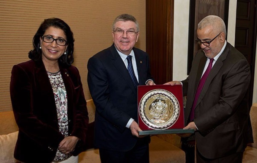 IOC President and vice-president Thomas Bach (centre) and Nawal El-Moutawakel met with Moroccan Head of Government Abdelilah Benkirane during their visit ©IOC/Greg Martin