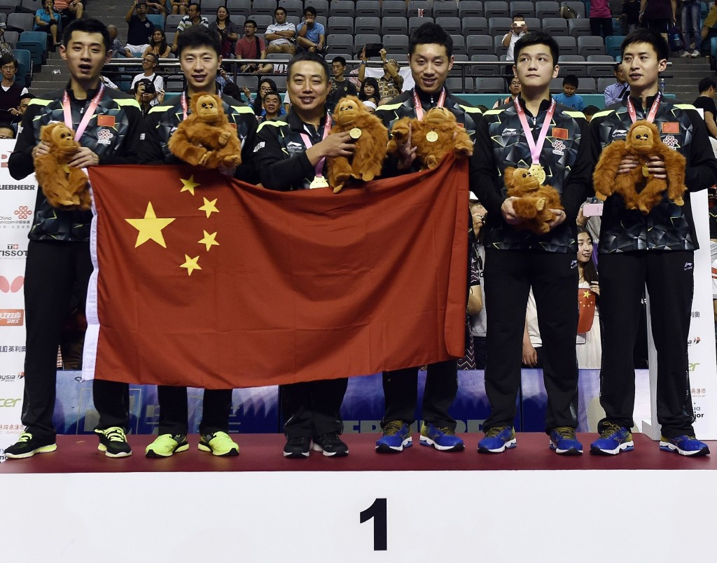 Ma Long (second left) and his Chinese team-mates will look to follow-on from their dominant success at the World Team Championships in Kuala Lumpur ©AFP/Getty Images