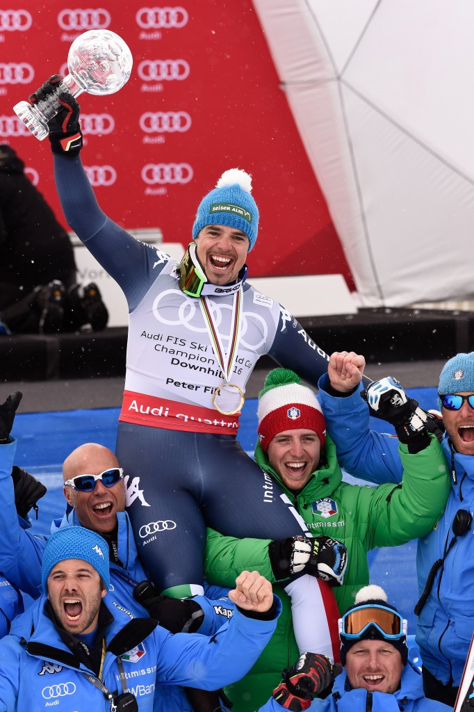 Peter Fill celebrates his downhill title