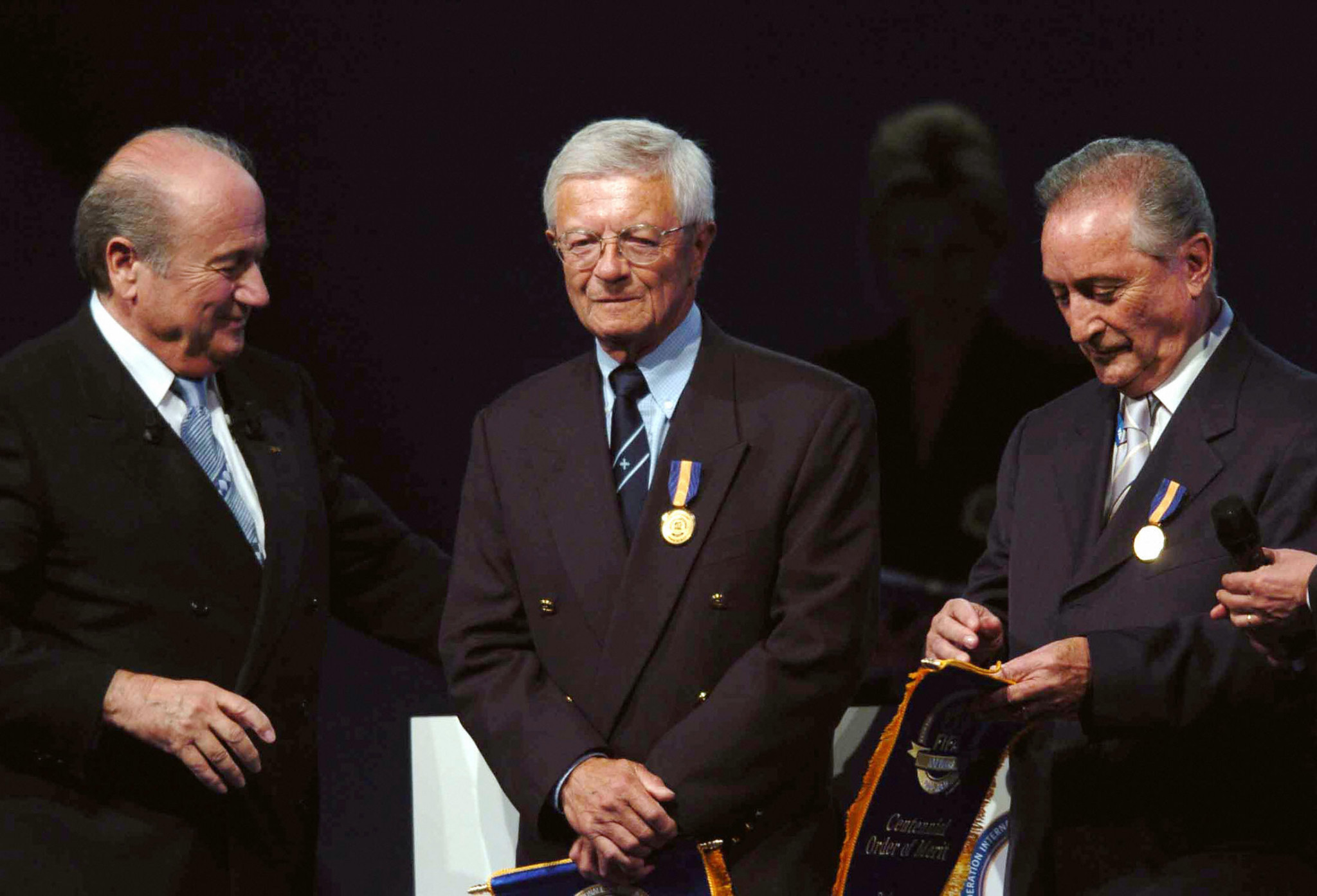 Yves Rimet, centre, was honoured by FIFA during its centenary celebrations in 2004 ©Getty Images