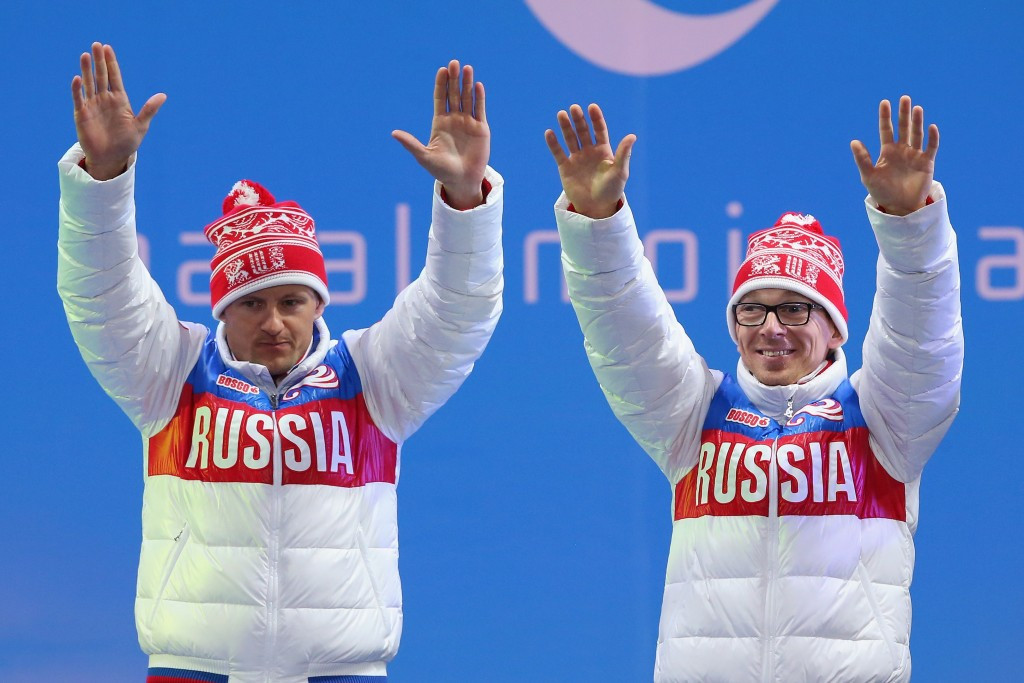 Nikolay Polukhin (right) and guide Andrey Tokarev pictured celebrating gold at the Sochi 2014 Paralympics ©Getty Images