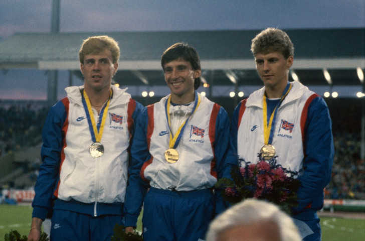 Tom McKean (left) made this podium at the 1986 European Championships, taking 800m silver behind Seb Coe (centre) and ahead of Steve Cram. But his place on the podium was embarrassingly vacant after he won the world indoor title seven years later. Lift problem. ©Getty Images