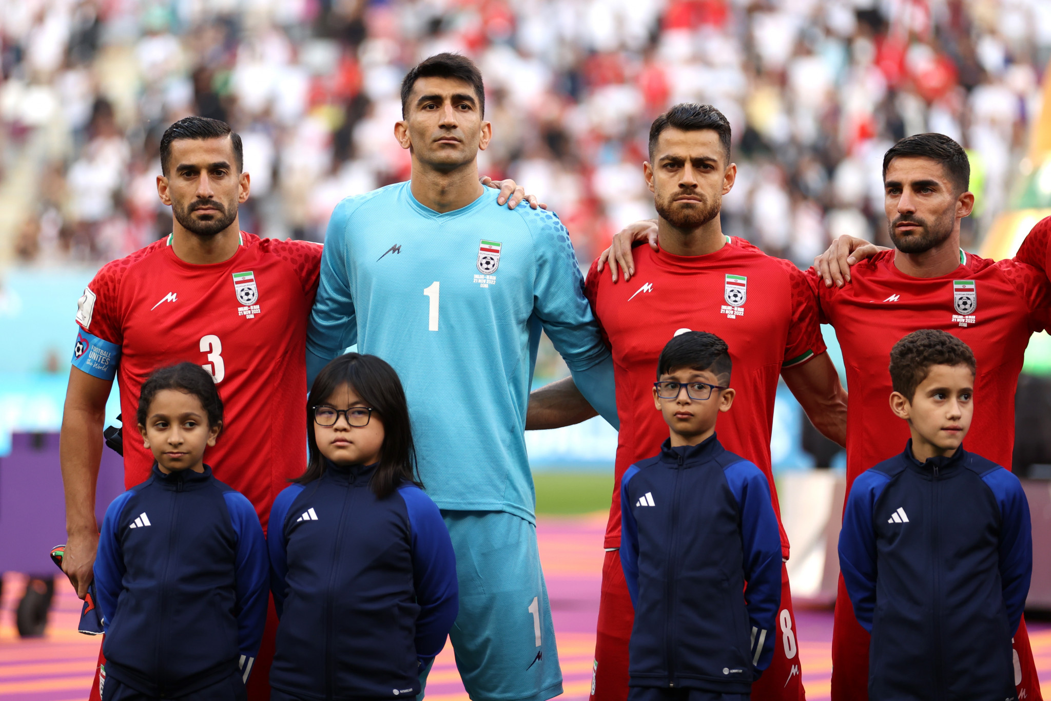 Iran captain Ehsan Hajsafi and his team-mates remained silent during the national anthem before their match against England ©Getty Images