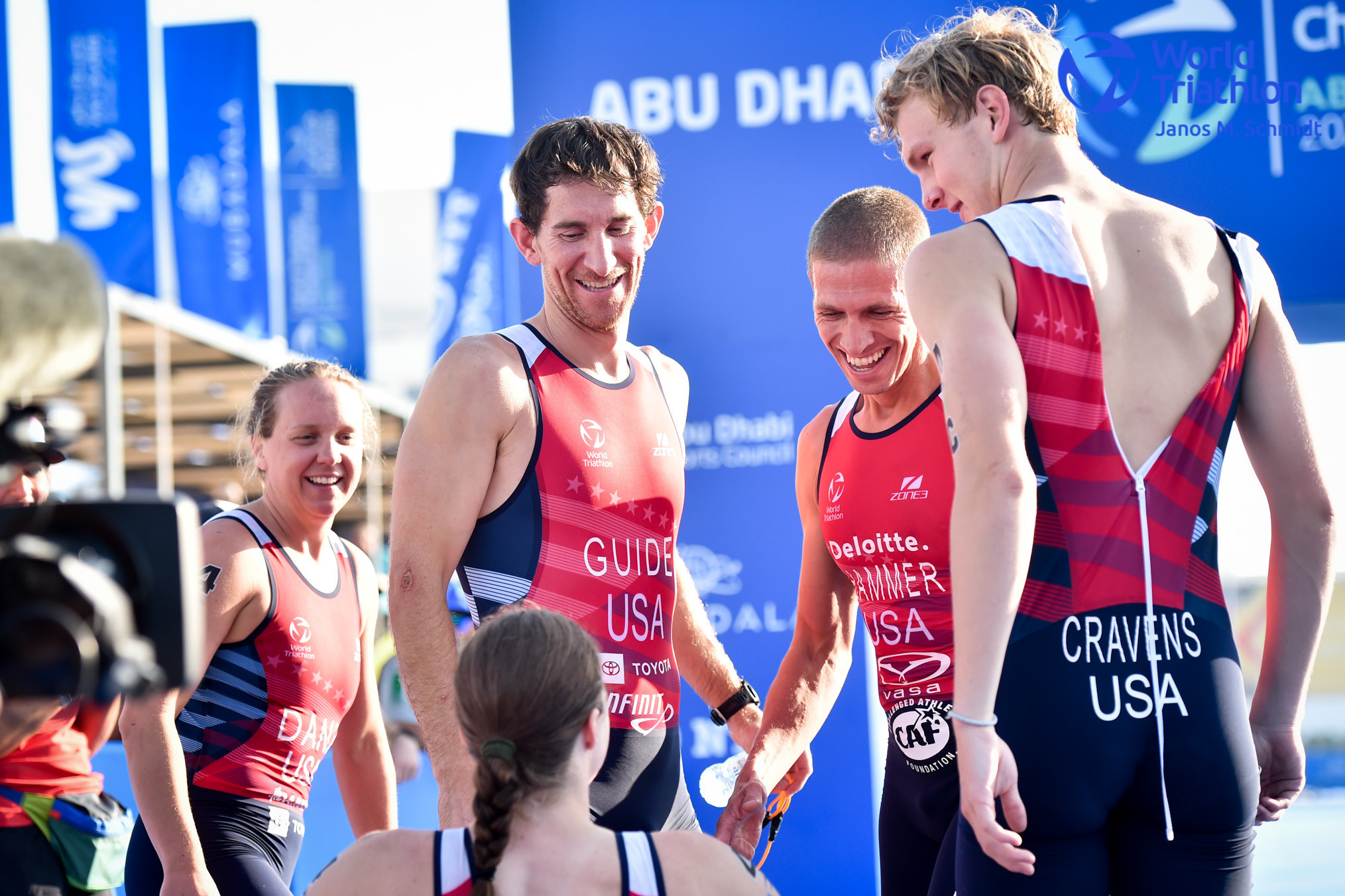 The United States finished second after a fine anchor leg from Chris Hammer, second right ©World Triathlon