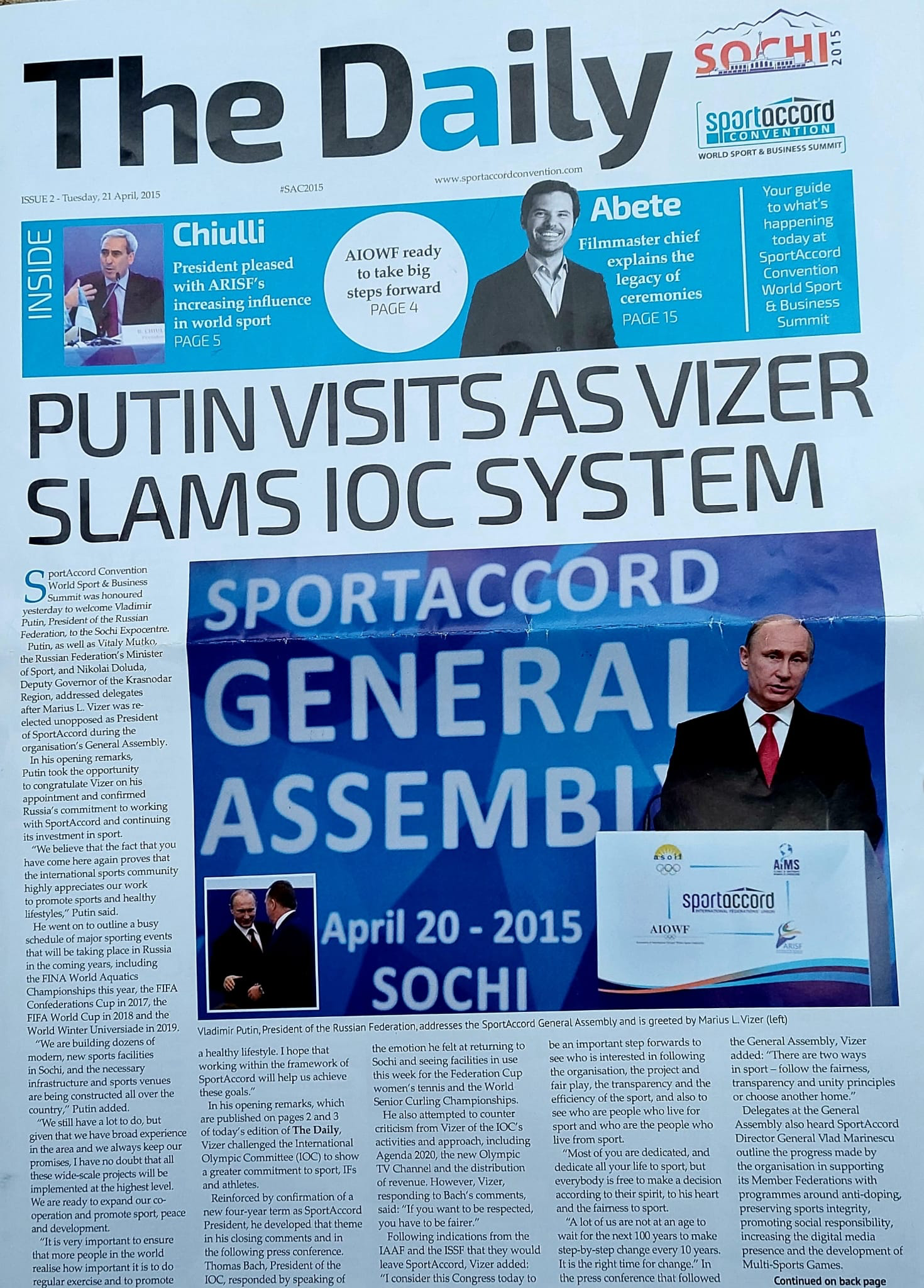 A newspaper circulated to delegates spread word of Marius Vizer's attack on the IOC ©ITG