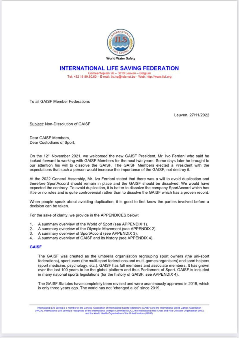 The 18-page letter from International Life Saving Federation President Harald Vervaecke warns GAISF members of the dangers of disbanding the organisation ©ITG 