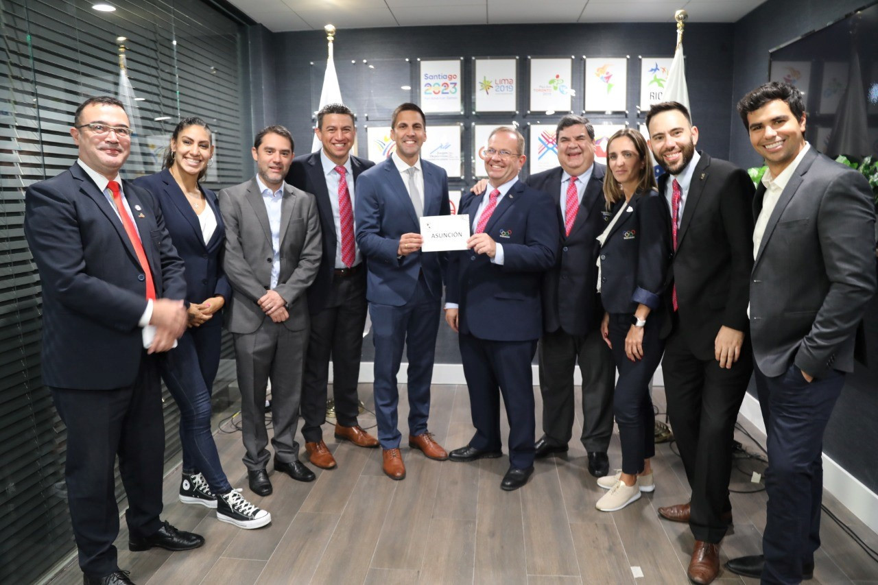 A delegation from Asunción celebrate after being awarded hosting rights for the 2025 Junior Pan American Games ©Panam Sports