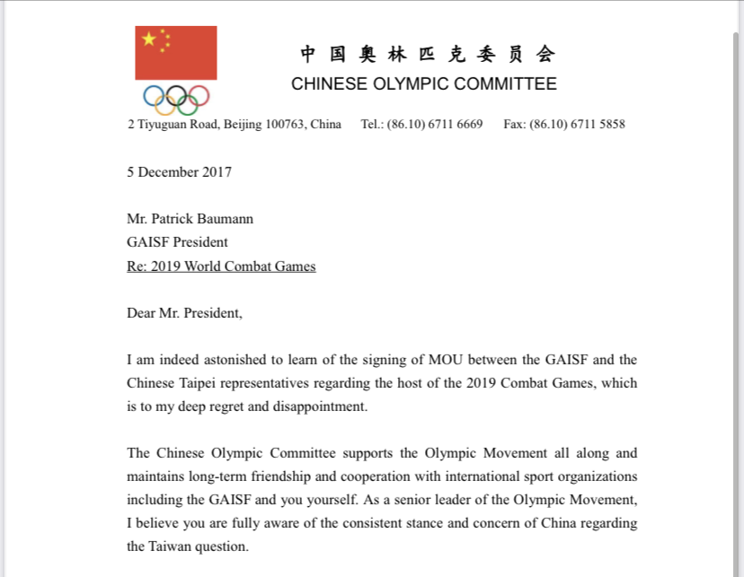 Chinese Olympic Committee President Gou Zhongwen wrote a threatening letter to Patrick Baumann, the head of GAISF, warning him of the consequences of hosting the World Combat Games in Taiwan ©ITG