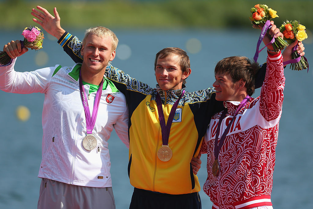 Yuriy Cheban, pictured centre at London 2012, is auctioning his medals to help the Ukrainian war effort ©Getty Images