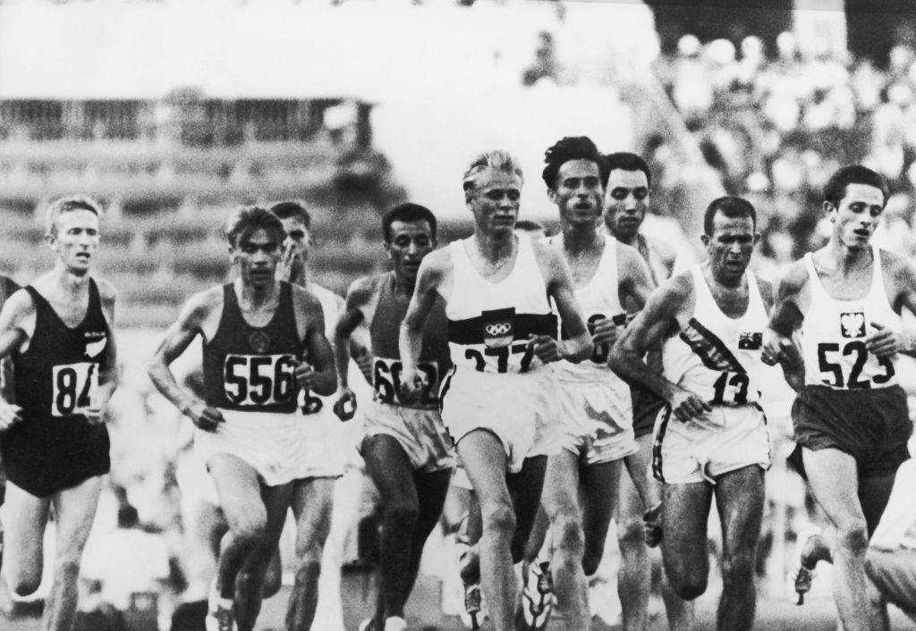 Murray Halberg, extreme left, moves up at the halfway point of the 5,000m final at the Rome 1960 Olympics, where he produced a victory that stands as one of New Zealand's iconic sporting moments ©Getty Images