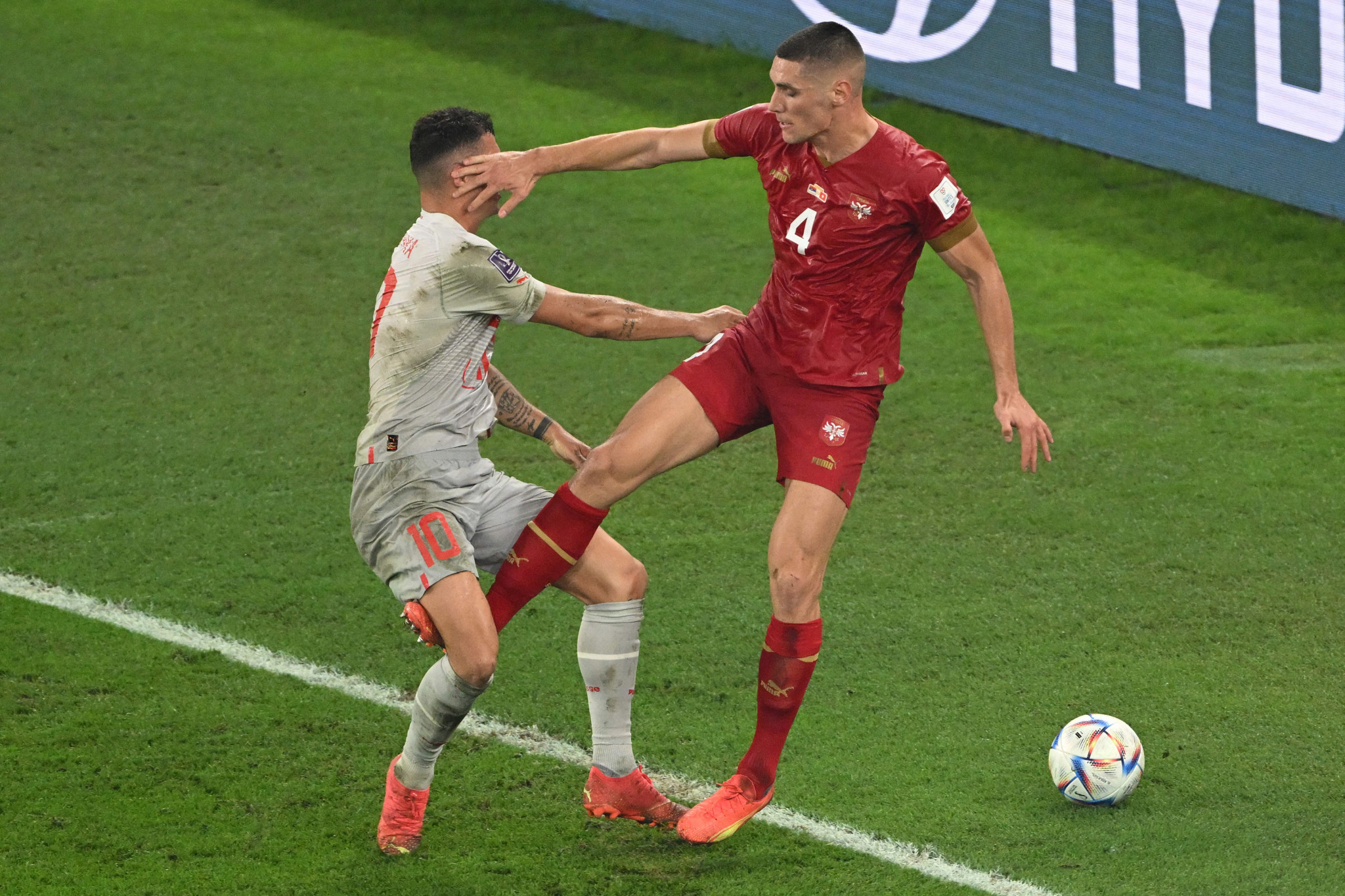 Granit Xhaka and Nikola Milenkovic clashing in the final minutes of the game ©Getty Images