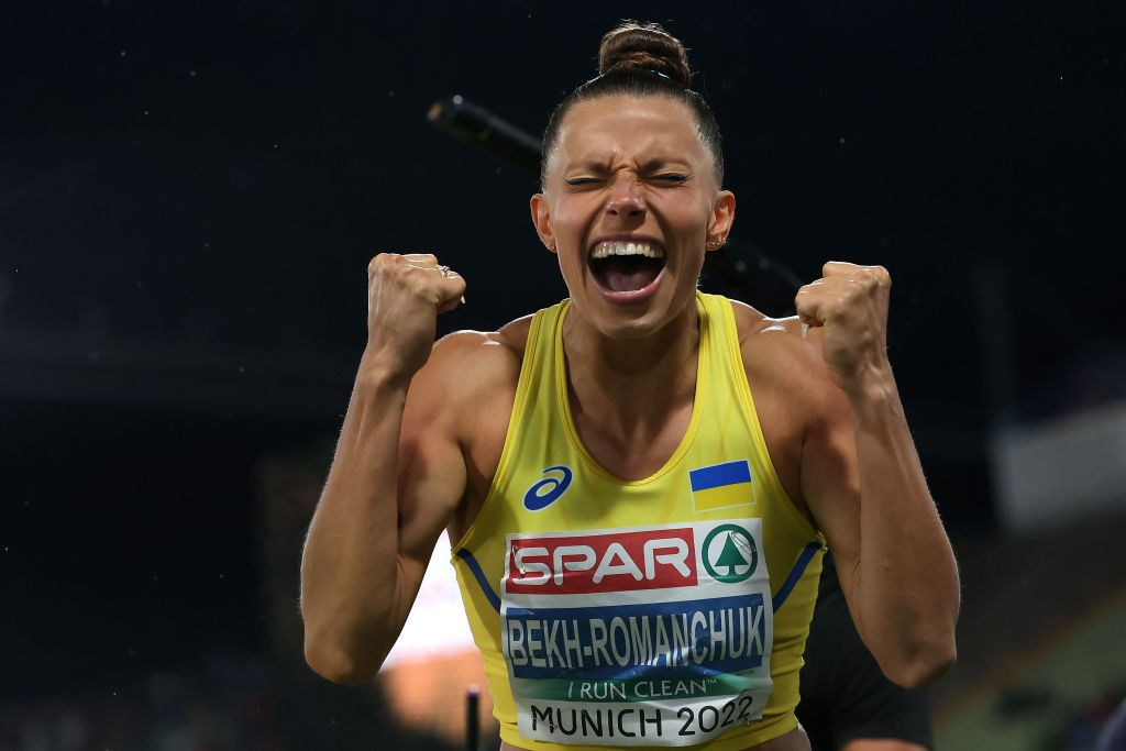 Ukraine's Maryna Bekh-Romanchuk celebrates victory in the women's triple jump at the Munich 2022 European Championships ©Getty Images