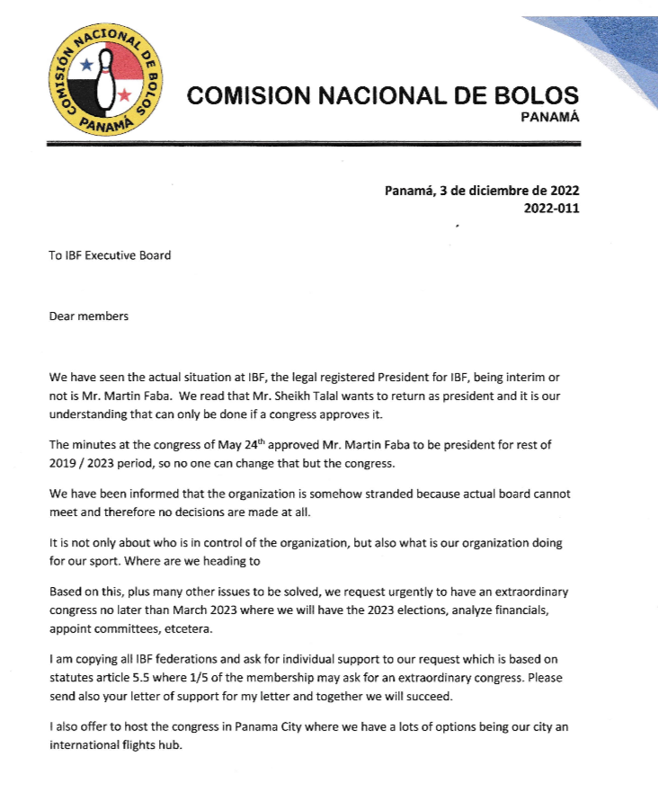 The Panama Bowling Federation have written to the IBF Executive Committee calling for clarity on who is leading the world governing body ©ITG