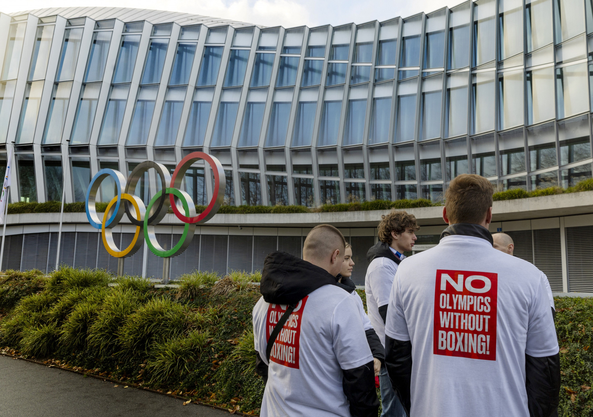 Protesters calling for no Olympics without boxing gathered outside Olympic House in Lausanne ©Getty Images