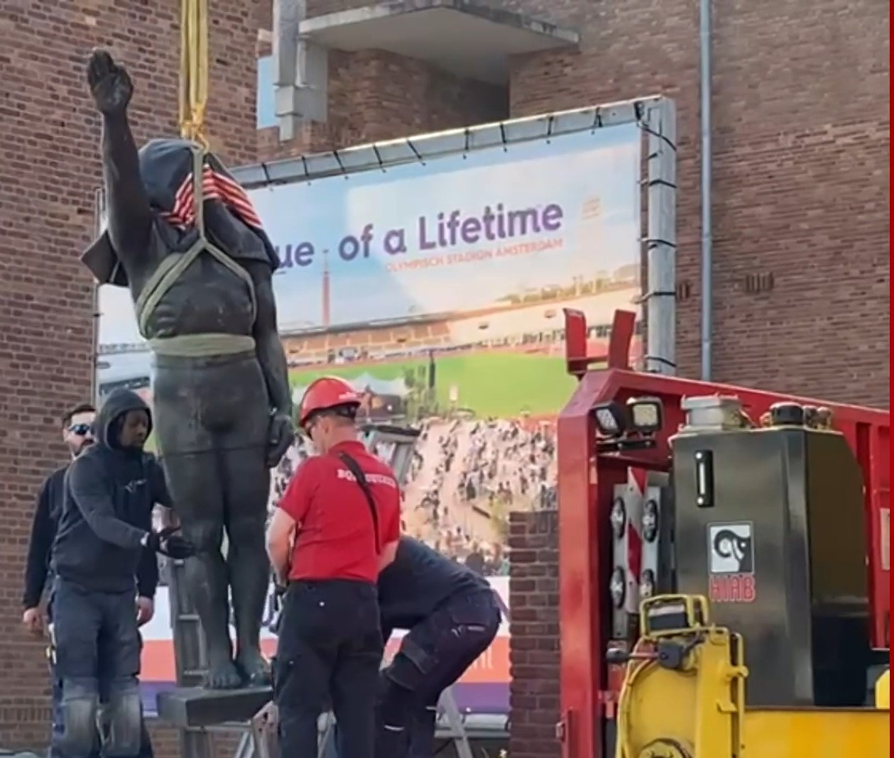 The controversial statue was removed from outside the Olympic Stadium in Amsterdam in March and removed to a new place inside where it is less visible to the public ©AT5