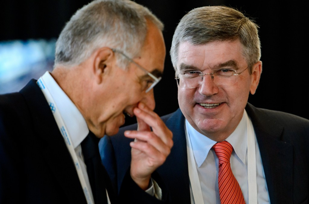 Franco Carraro (left), pictured alongside International Olympic Committee President Thomas Bach, is chair of the IOC Programme Commission, which met in Lausanne today ©Getty Images