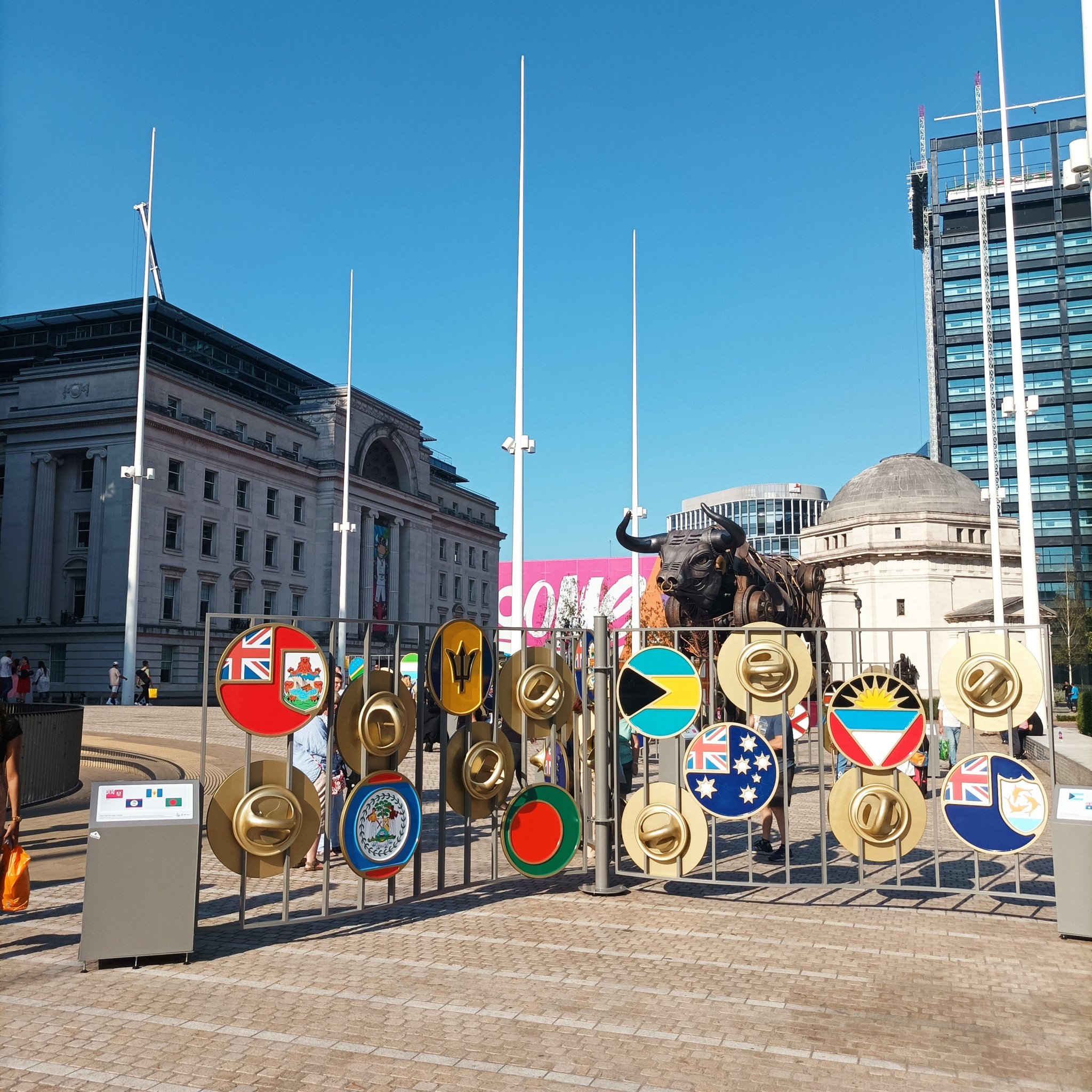 The outsize pin badges which were displayed in Birmingham during the Commonwealth Games are now being presented to representatives of nations ©ITG
