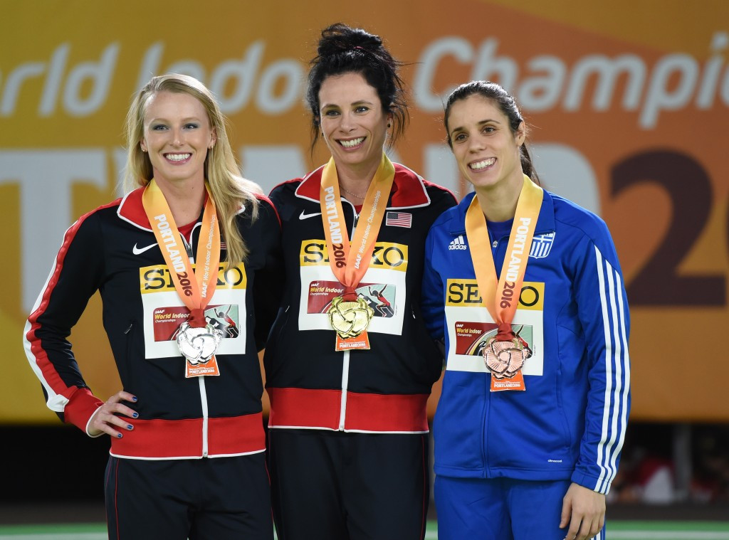 America's Jennifer Suhr, centre, claimed victory in the women's pole vault at the IAAF World Indoor Championshps in Portland, gaining revenge over team-mate Sandi Morris, left ©Getty Images
