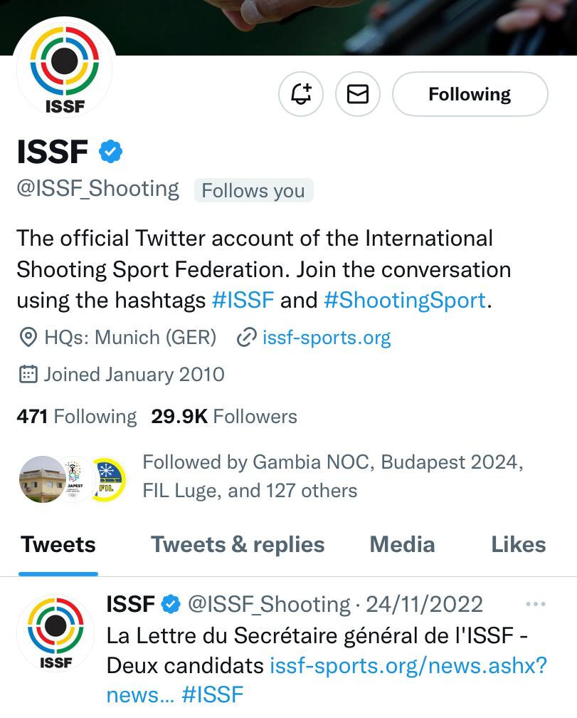 The new management team at the ISSF are currently trying to regain control of the official Twitter account, which has not been updated since Vladimir Lisin was unseated as President ©ITG