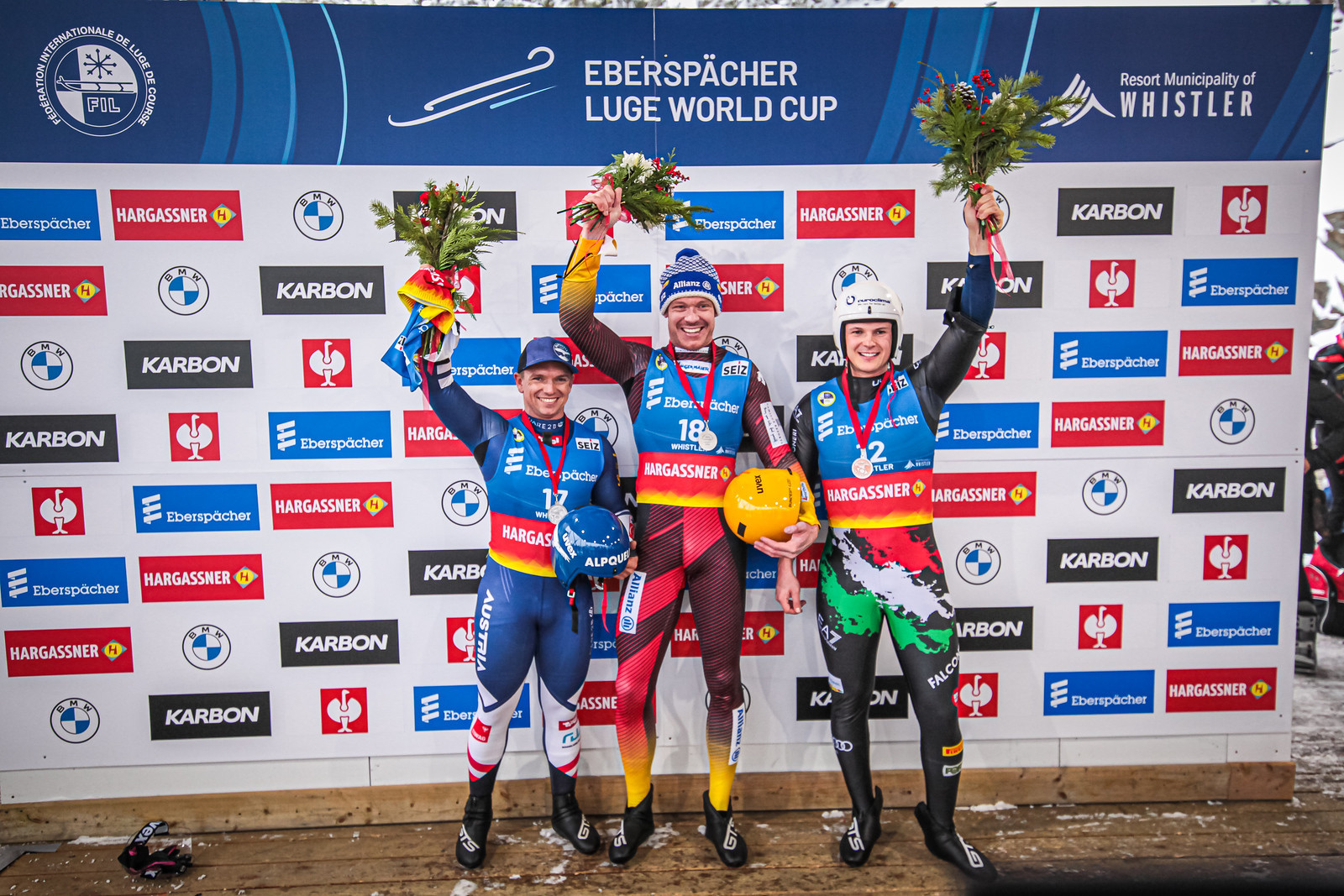 Felix Loch, centre, set a new course record en route to a 50th Luge World Cup win ©FIL