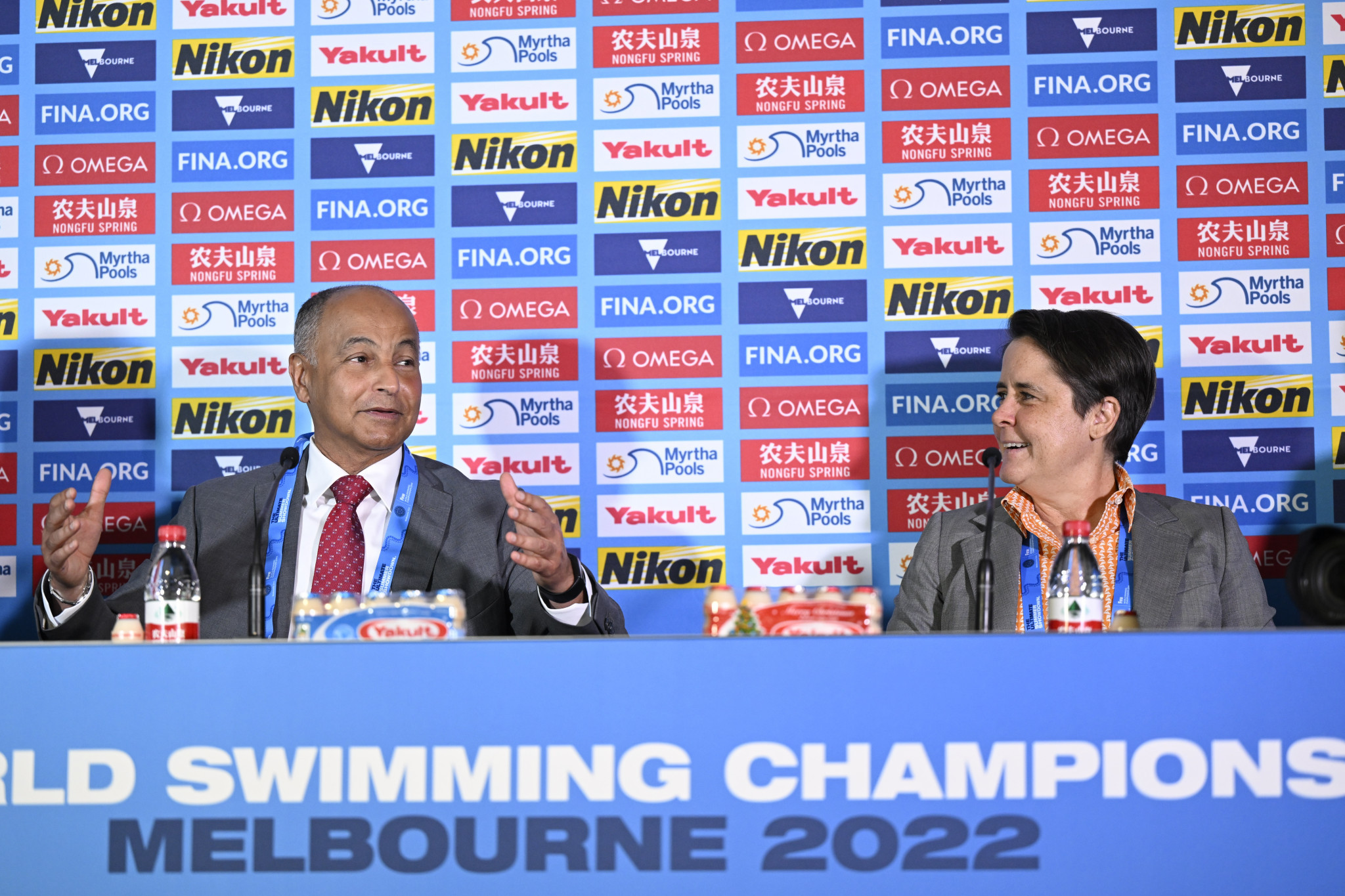 FINA President Husain Al-Musallam, left, praised Swimming Australia chief executive Eugénie Buckley, right ©FINA