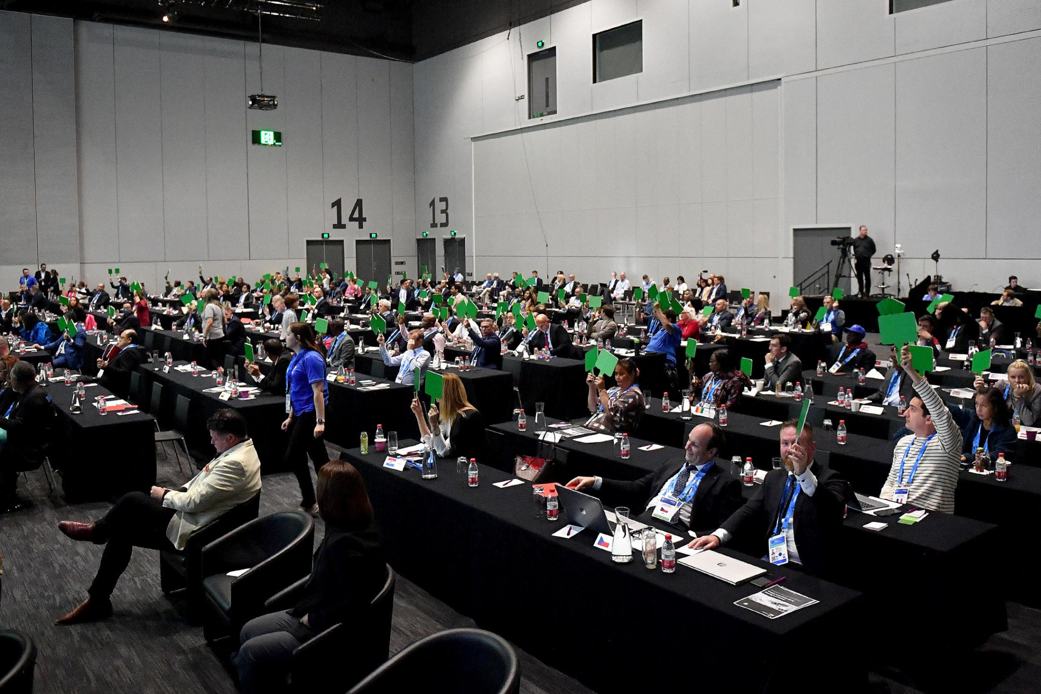 Green bats were raised at the Melbourne Convention and Exhibition Centre as members voted in favour of a new constitution and name change ©FINA