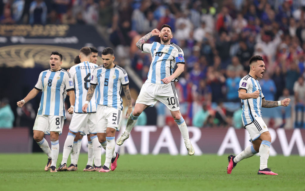 Lionel Messi, centre, celebrates the crowning moment of a glorious career as Argentina secure the World Cup after a 4-2 win over France on penalties after extra-time had ended at 3-3 ©Getty Images