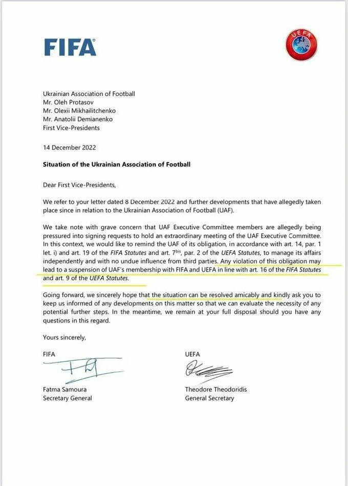 The joint letter from FIFA and UEFA to the Ukrainian FA warns of the consequences of going ahead with an online Extraordinary Executive Committee meeting ©Facebook