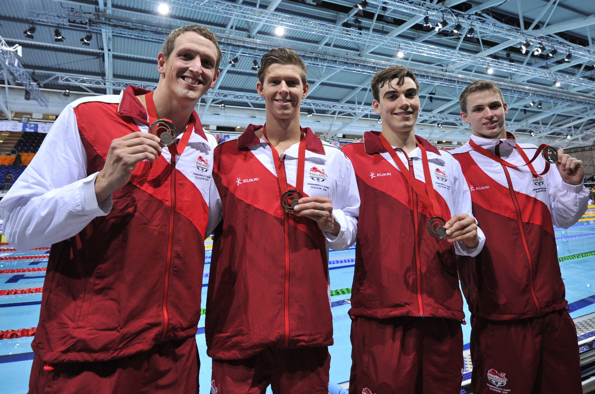 James Disney-May, second from left, was a two-time Commonwealth Games medallist in swimming ©Getty Images
