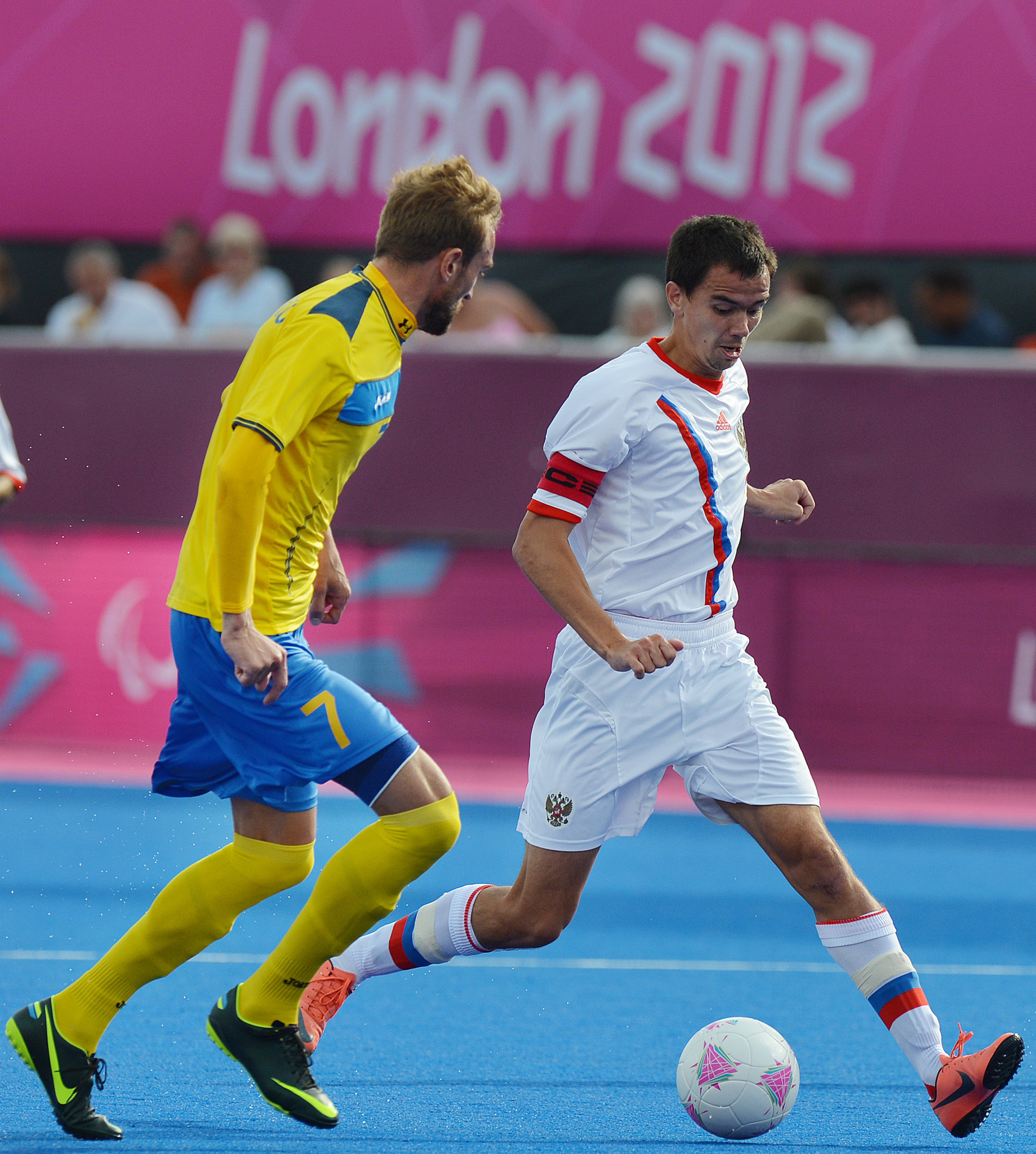 Ivan Potekhin, in white, was a member of Russia's seven-a-side cerebral palsy football team that won the Paralympic Games gold medal at London 2012 ©Getty Images
