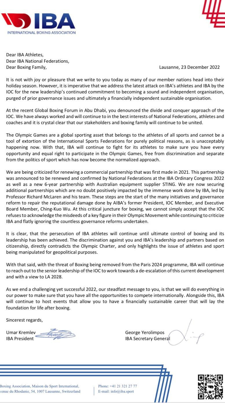 IBA have sent a letter to all its National Federations hitting back after the IOC threatened to drop boxing from Paris 2024 ©ITG