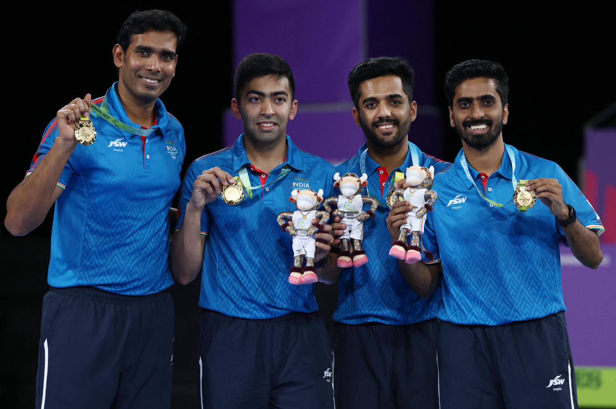 Sharath Kamal Achanta, left, won the Dhyan Chand Award after an impressive Birmingham 2022, which included winning men's team gold alongside Shetty, second from right ©Getty Images